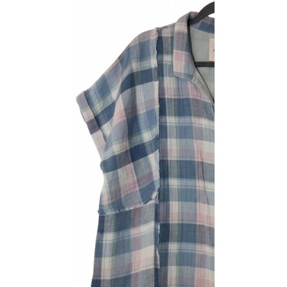 Lucky brand womens xl gauzy cotton shirt blouse blue plaid top tab sleeve - Picture 3 of 9